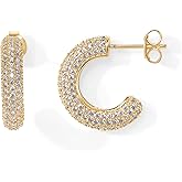 PAVOI 14K Gold Plated 925 Sterling Silver Post Cubic Zirconia Chunky Hoop Earrings - Thick Lightweight Gold Earrings for Women - Fully Studded Hoop