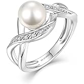 JO WISDOM Women Pearl Ring,925 Sterling Silver Cubic Zirconia Infinity Pearl Ring with 7mm Round White Pearl Ring