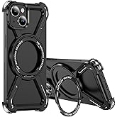 LEMAXELERS Minimalist Case for iPhone 14, Compatible with MagSafe, 360° Rotation Kickstand Aluminum Metal Frameless Design Bumper Cover for Apple iPhone 14 / iPhone 13. Black HJ