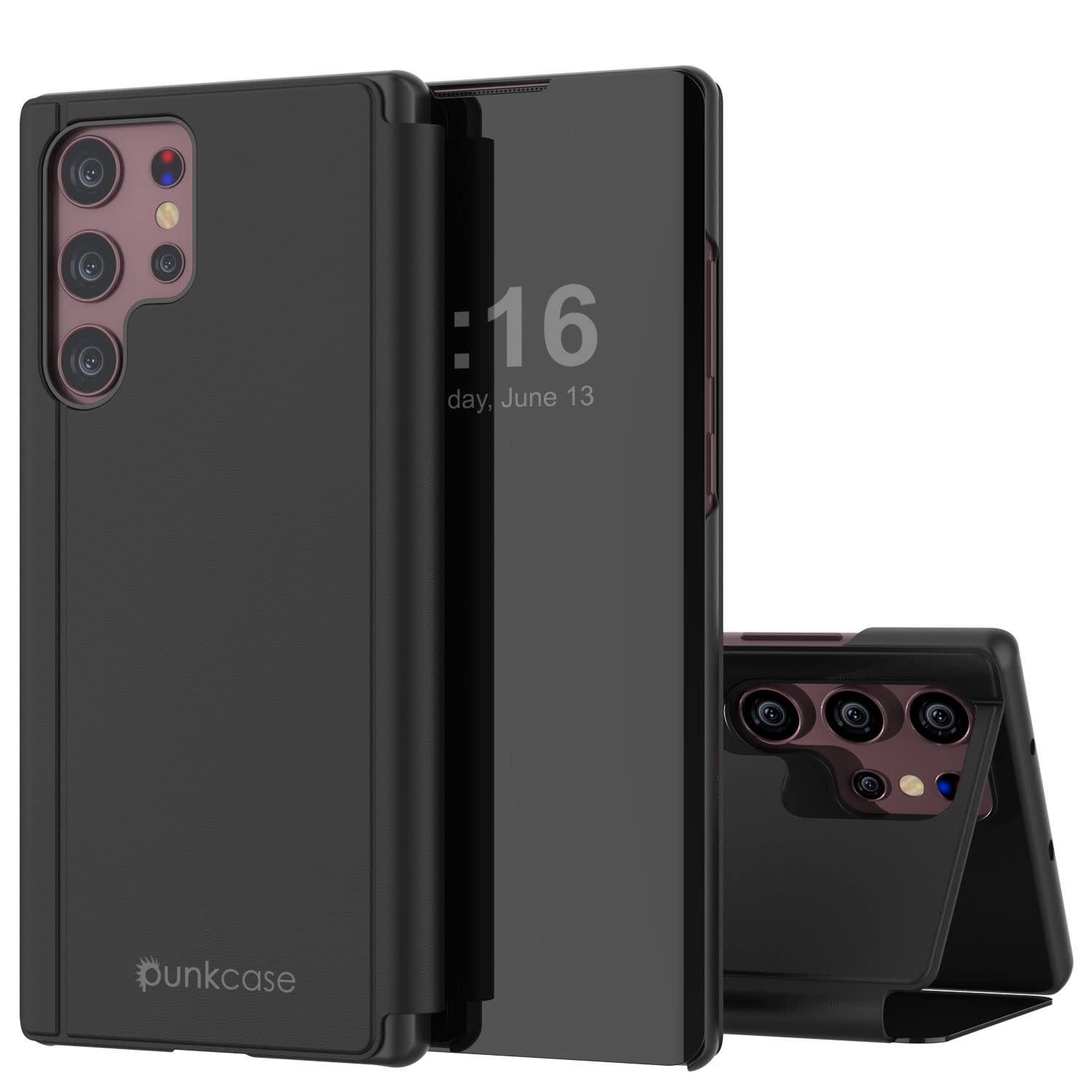 Punkcase S22 Ultra Reflector Case Protective Flip Cover W/Scratch Resistant Translucent Mirror Front & Non-Slip PU Leather Back Integrated Kickstand for Galaxy S22 Ultra 5G (6.8") (2022) (Black)