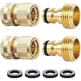 HQMPC Garden Hose Quick Connect Solid Brass Quick Connector Garden Hose Fitting Water Hose Connectors Garden Hose Disconnect 3/4 inch GHT (2Sets) (2Female+2Male)