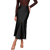 Plilima Women's Satin High Waisted Maxi Skirt Elegant Work Straight Skirts Side Split Elastic Waistband