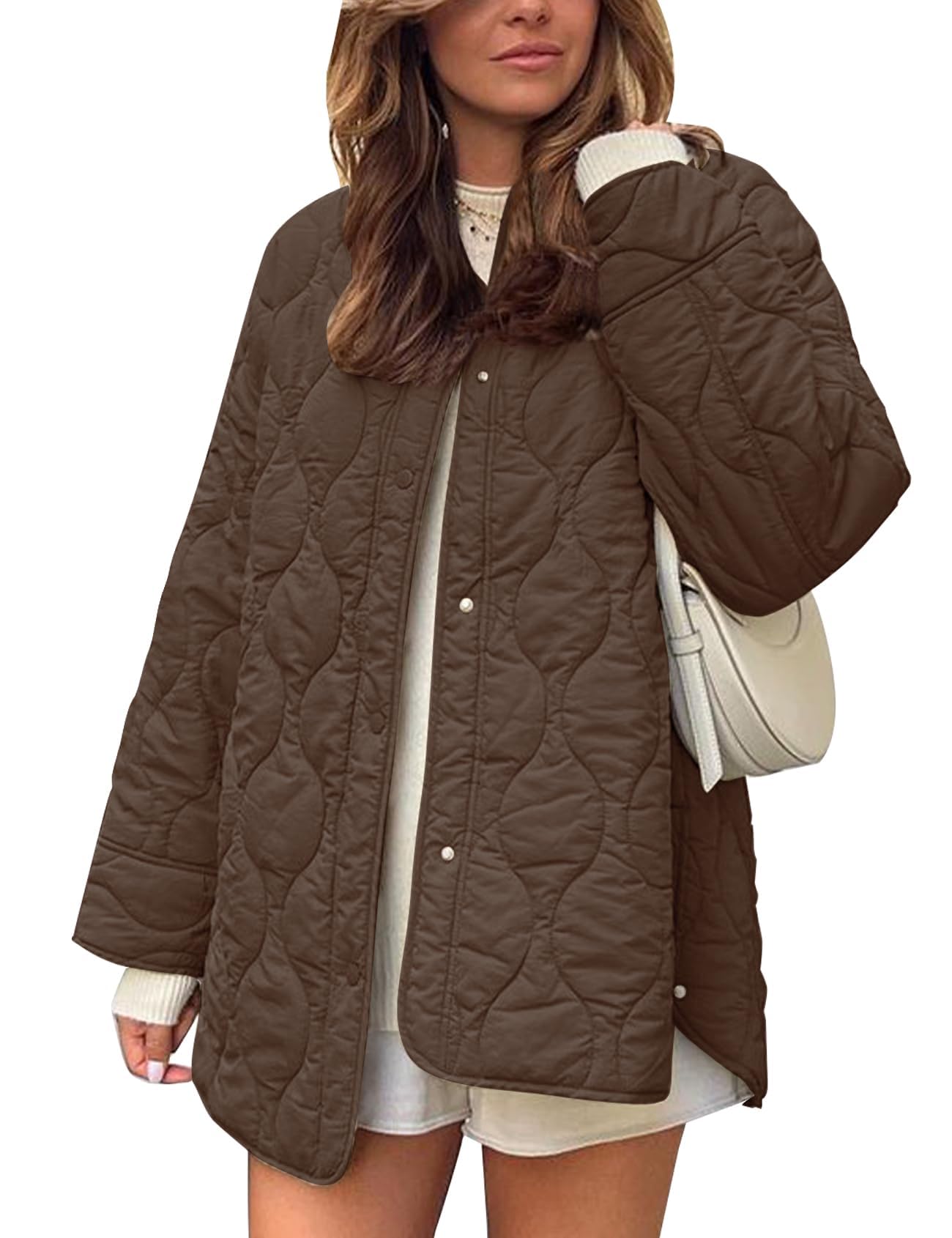 Photo 1 of Flygo Women's Oversized Quilted Lightweight Jacket Button Down Puffer Padded Outerwear with Pocket(Coffee-S)