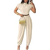 kaimimei 2 Piece Sets for Women Casual Mock Neck Cap Sleeve Crop Tops and Palazzo Pants Vacation Travel Outfits