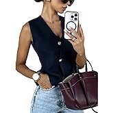 Wyeysyt Womens Vest Top Cropped Sleeveless Knit Vest Gold Button Down V Neck Vest Casual Plain Summer Waistcoat Cardigan
