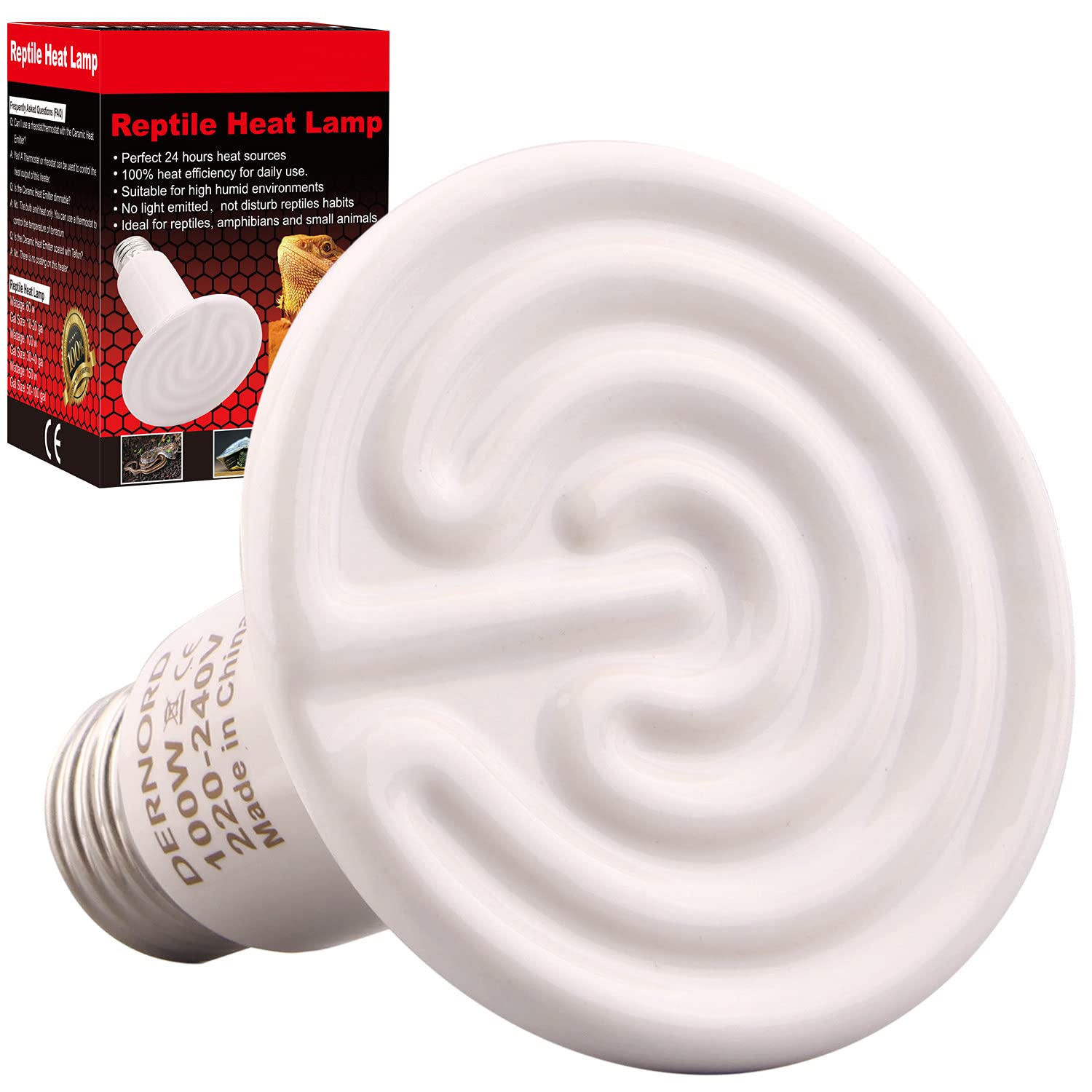 DERNORD Ceramic Heat Emitter 100W - E27 Vivarium Ceramic Heat Lamp Light Bulb for Reptile Bearded Dragon Lizard Snake Outside Tortoise Brooder White