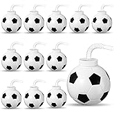 Sumind 12 Pcs Sport Ball Cups with Straws and Lids, 17 oz Plastic Cups Bulk for Adults Birthday Theme Party Sport Party Favors Supplies(Soccer)