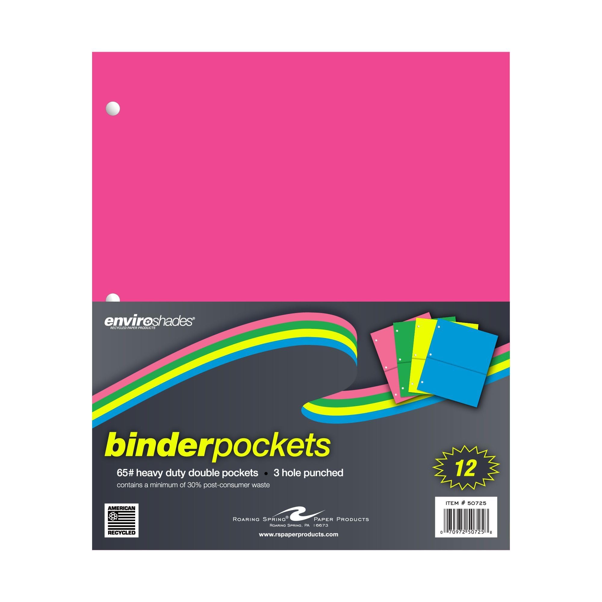 Roaring Spring Recycled Double Pocket Heavyweight Binder Pockets, 12 Pack, 11" x 9", Easily Add Storage to Your 3 Ring Binders, Assorted Neon Colors