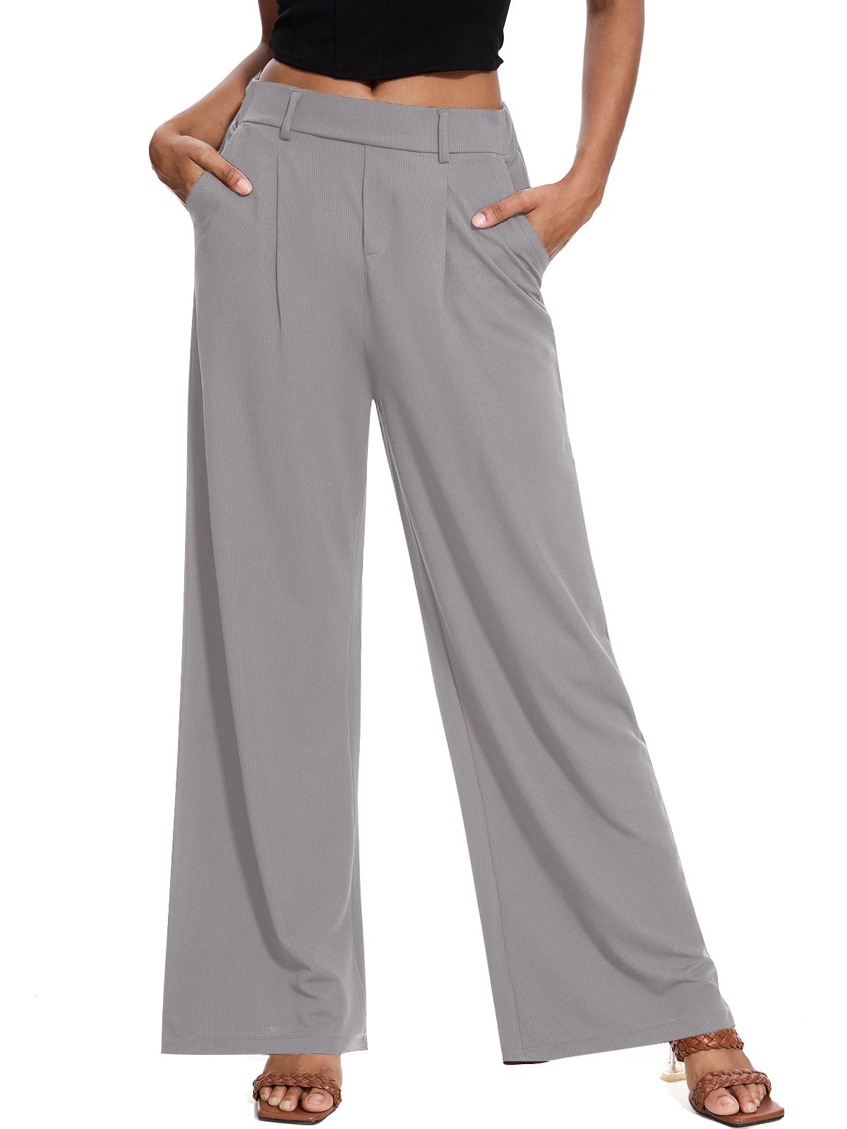 Photo 1 of *MINOR DAMAGE*
M MOTEEPI Women's Wide Leg Dress Pants 29" Inseam Waffle Knit Pants with Pockets Grey Slacks for Women Straight Leg Women's Trousers for Work Office Casual M