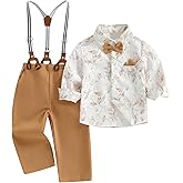 fhutpw Toddler Boy Clothes Suit Formal Dress Shirt with Bowtie & Suspender Pants Kids Gentleman 3pcs Wedding Outfits