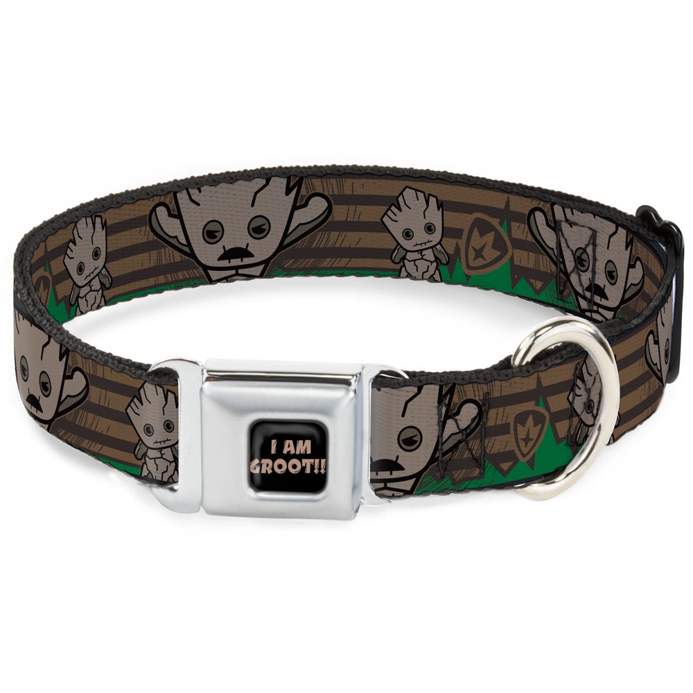 Buckle-Down Seatbelt Buckle Dog Collar - Kawaii Groot 2-Poses/Guardians Badge Browns/Green - 1" Wide - Fits 9-15" Neck - Small
