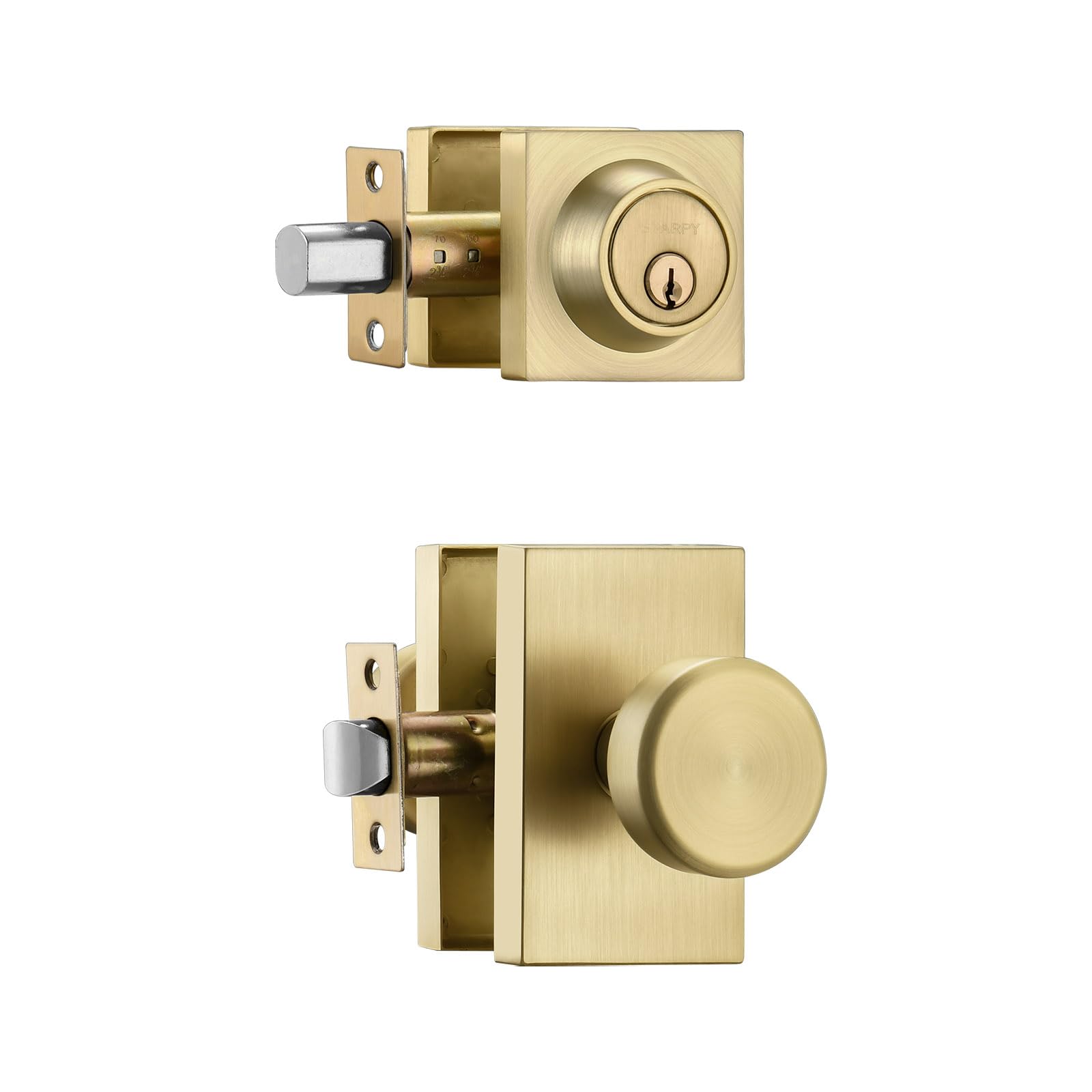 Photo 1 of STARPY Gold Door Knobs Interior with Lock, Satin Brass Exterior Door Lock Set with Deadbolt