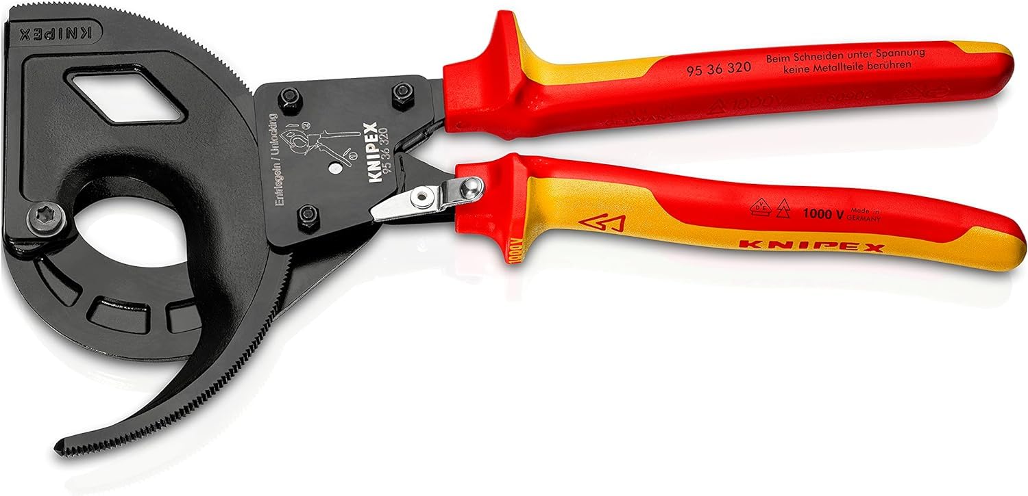 KNIPEX Cable Cutter (Ratchet Principle, 3-Stage) in Blister Insulated with Multi-Component Grips, VDE-Tested 320 mm, 95 36 320