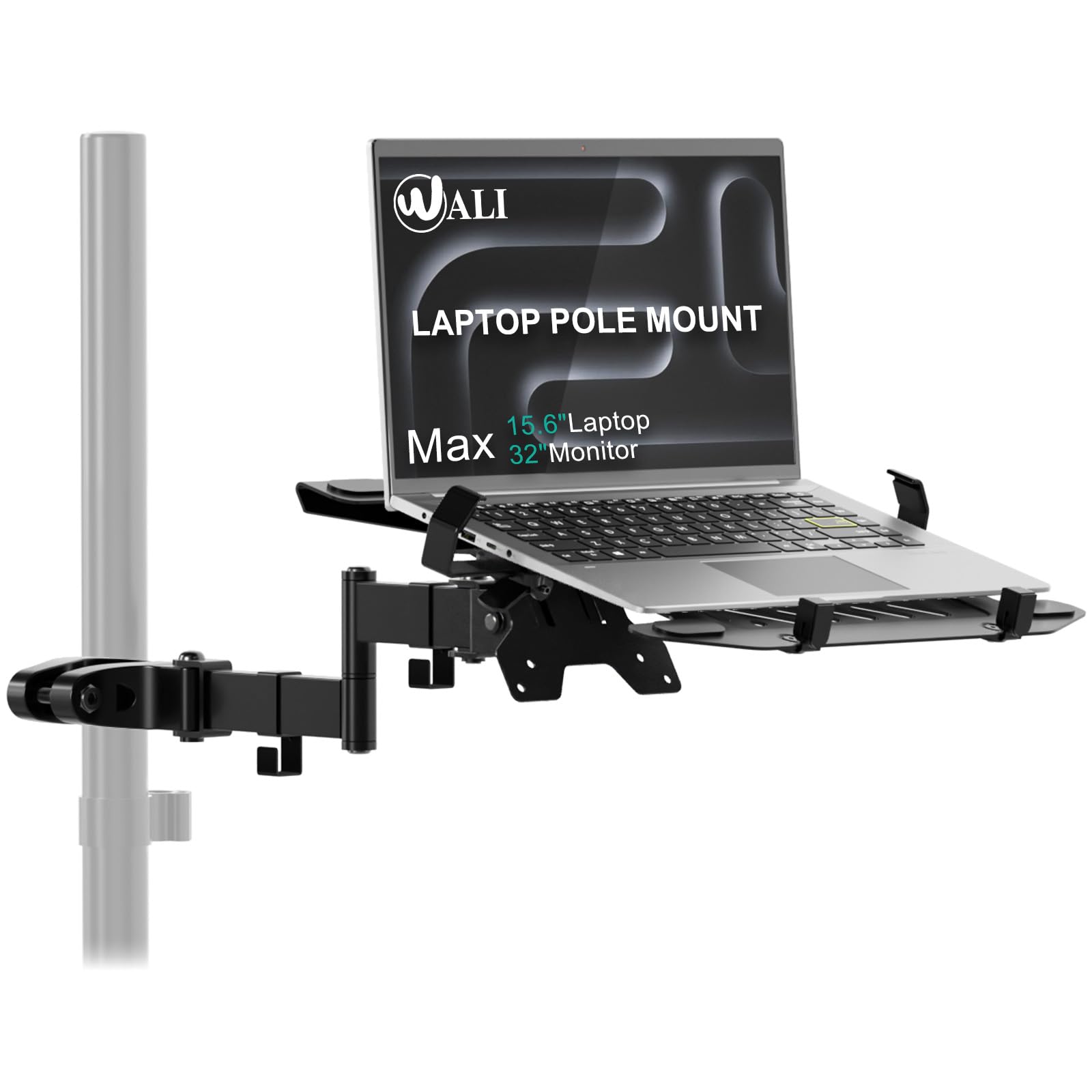 WALI Laptop Pole Mount, Adjustable Laptop Arm Holder Fits 10"-15.6" Laptops, 2-in-1 Full Motion Monitor Mount with Removable Tray, VESA 75x75 or 100x100 mm, Holds up to 15.4lbs(011ARMLPN), Black Image