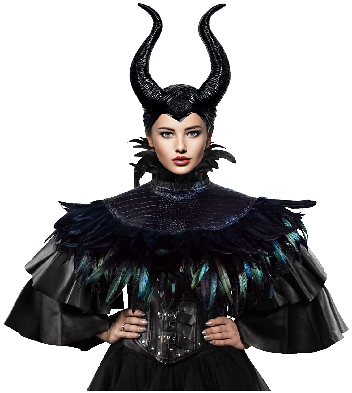 Photo 1 of *** JUS HEAD PIECE***     L'VOW Gothic Black Feather Cape Shawl with Demon Witch Ox Horns for Women Halloween Crow Queen Costume (Style 2)