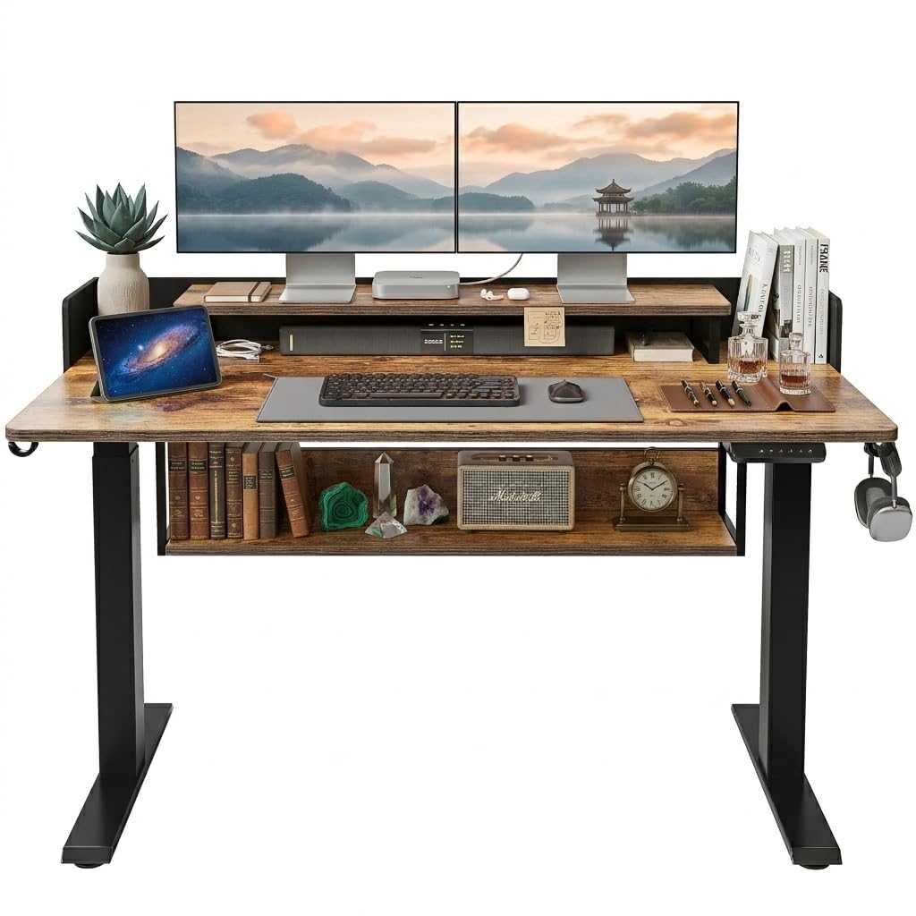 CubiCubi 55" Electric Standing Desk with Under Desk Shelves, Sit Stand Rising Computer Desk with Monitor Shelf, Home Office Desks with Hooks, Adjustable Height Stand Up Workstation Table, Rustic Brown Image