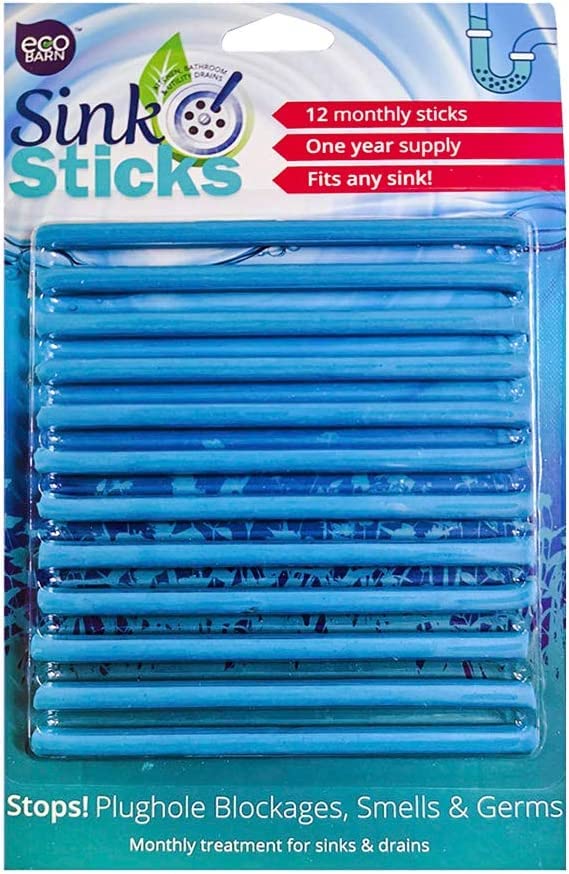Eco Barn Sink Stick | Plughole Sticks | Drain Unblocker & Sanitation. Sticks for Bathroom & Kitchens, Drain Cleaner & Deodoriser, Prevent Hair Blockages Forming | Pack of 12 Sticks, 1 Year Supply