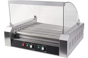 ReunionG Commercial Electric Hotdog Grilling Cooker 11 Rollers for 30 Hotdogs Stainless Steel Hot Dog Warmer Grilling Machine with Cover, Grade 1650W (20''W)