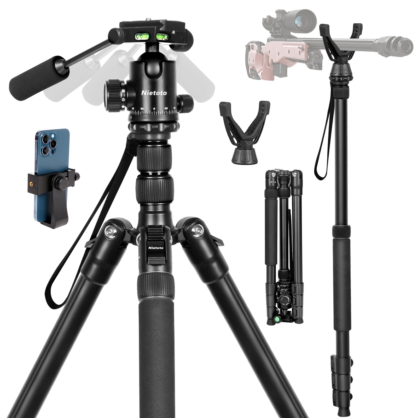 Photo 1 of 2 in1 Tripod for Camera & Hunting Tripods, 68" Camera Tripods & Monopods with Removable Handle, Aluminum Rifle Tripod & Shooting Stand, Heavy Duty Tripods for DSLR,Canon,Nikon,Sony, Extra Carry Bag