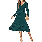 AUSELILY Women's Fall Empire Waist Dress 2025 Smocked Flutter Long Sleeve V Neck Flowy Tiered Midi Long Dresses
