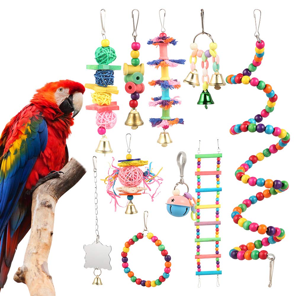 Bird Cages Accessories, 10pcs Colorful Bird Perch Stand Platform, Wooden Ladders Hammock, Swings Bird Parrot Toys with Bells for Small Medium Parrots，Conures, Cockatiels, Budgie, and Lovely Birds