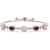 Gem Stone King 18K Rose Gold Plated Silver White Lab Grown Diamond and Blue Sapphire Bracelet For Women | 4.10 Cttw | Gemstone April Birthstone | Oval 7X5MM | Fully Adjustable 9 Inch