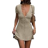 Saodimallsu Womens Short Sleeve Mini Dress V Neck Button Up Cardigan Sweater Summer Ribbed Knit Flare A Line Dresses