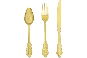 Goodluck 75 Pack Gold Plastic Silverware Set – Heavy Duty Disposable Cutlery, Includes 25 Forks, 25 Spoons, 25 Knives, Elegant Vintage Design for Weddings, Parties, Thanksgiving, and Daily Use