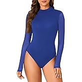 LYANER Women's Basic Mock Neck Stretch Sheer Mesh Long Sleeve Bodysuit Leotard Top Royal Blue Small