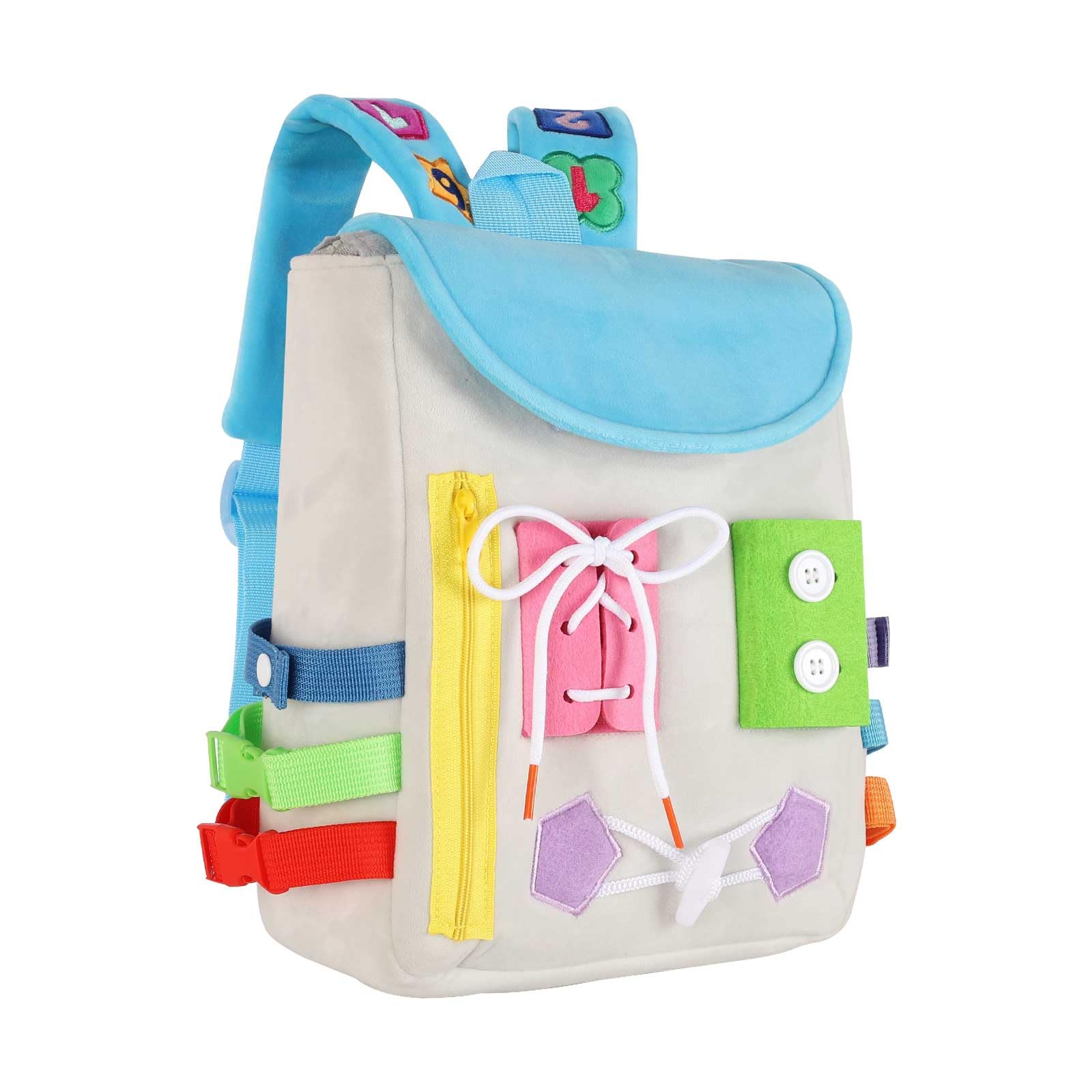 Busy Board - Toddler Backpack with Buckles and Learning Activity Toys - Develop Fine Motor Skills and Basic Life Skills - Learn to Tie Shoes - Children's Travel Toy (Grey)