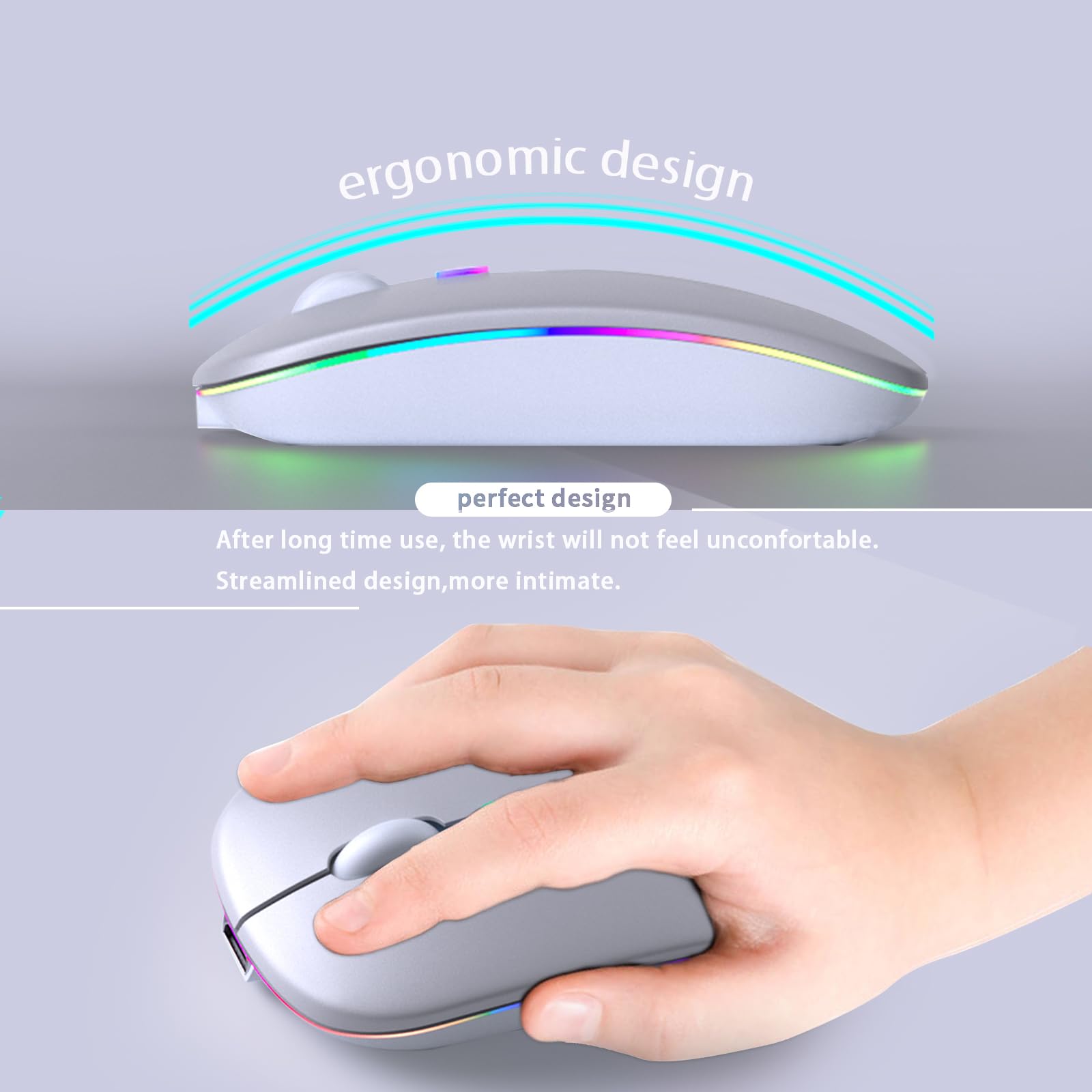 KANMABPC Wireless Bluetooth Mouse – Rechargeable, Silent, Dual Mode (Bluetooth 5.2 & USB) with LED Lights – Portable for Laptop, Desktop, & Tablet(Silver)