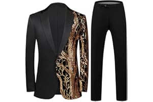 KUDMOL Mens 2 Piece Suit Slim Fit Sequin Shiny One Button Tuxedo Black Sequin Jacket Pants Sets for Wedding Party Prom