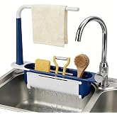 FnrjuIhs Telescopic Sink Storage Rack, 2026 New Adjustable Telescopic Sink Rack, Household Expandable Sink Organizer with Drainage Holes &amp; Towel Bar, Kitchen Sink Organizer Drain Basket