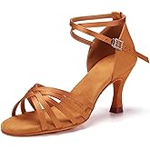 GYUBL Women's Professional Ballroom Dance Shoes Latin Salsa Shoes for Women Dancing Performance Heels,Model EM213-Brown-7.5,US 7.5