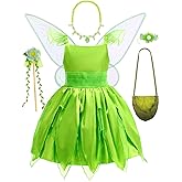 HHYTOKKI Kid Halloween Fairy Costume Set with Wings, Green Dress Floral Forest Suit, Girls Fantasy Dress Up
