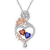 Mom Love Heart Necklace for Women 14K Rose Gold/White Gold Filled Double Birthstone Rose Flower Pendant Mother's Day Anniversary Valentine's Day Birthday Christmas Gifts for Grandmother Wife Her Mom
