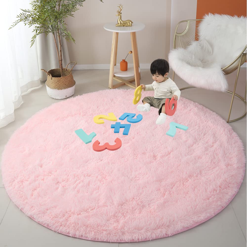 Pink Round Rug 180cm for Girls Bedroom, Fluffy Circle Ru g for Kids Roo m, Shaggy Circular R ug for Teen Girls R oom, Furry Carpet for Nursery Ro om, Fuzzy Plush Rugs for Dorm, Cute Rooms Decor