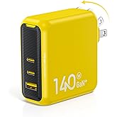 AOHI Magcube 140W USB C Charger PD3.1 3-Port GaN+ Laptop Wall Charger 100W Fast Charging Power Adapter Foldable Plug for MacBook Pro 16'', Dell XPS, iPad Pro, Galaxy, iPhone 17 Pro, Chromebook, Yellow