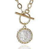 AEEVA Chunky Gold Coin Necklace for Women Silver and Gold Chain Pendant Necklaces 18 Inch Antique Toggle Thick Link Fashion Jewelry Gift for Women