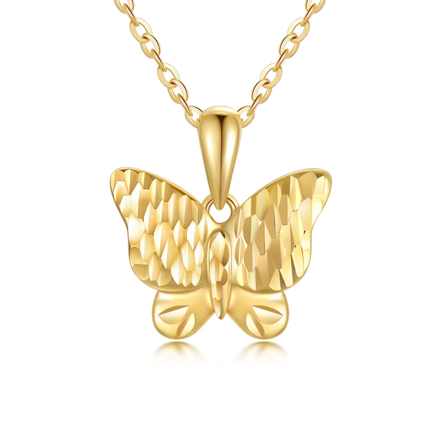 SISGEM Women's Gold Butterfly Necklace, 9 ct Solid Gold Diamond Cut Butterfly Pendant Necklace, for Mum Sister Friend Women Her, 16+1+1inch