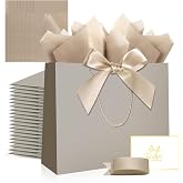 Ethhqu 12-Pack Champagne Gift Bags with Handles, Large Size 12.6x10x4 | Includes 24 Tissue Papers, Bows, Ribbons &amp; Cards for Weddings, Birthdays, Thank You Gifts, Christmas &amp; Holidays