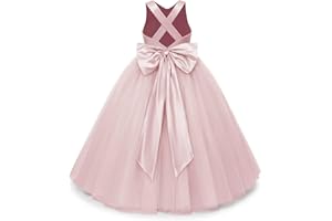 JISISANG Crossed Straps Flower Girl Dress Satin Long Prom Dress with Bow Puffy Tulle Pageant Dresses for Girls