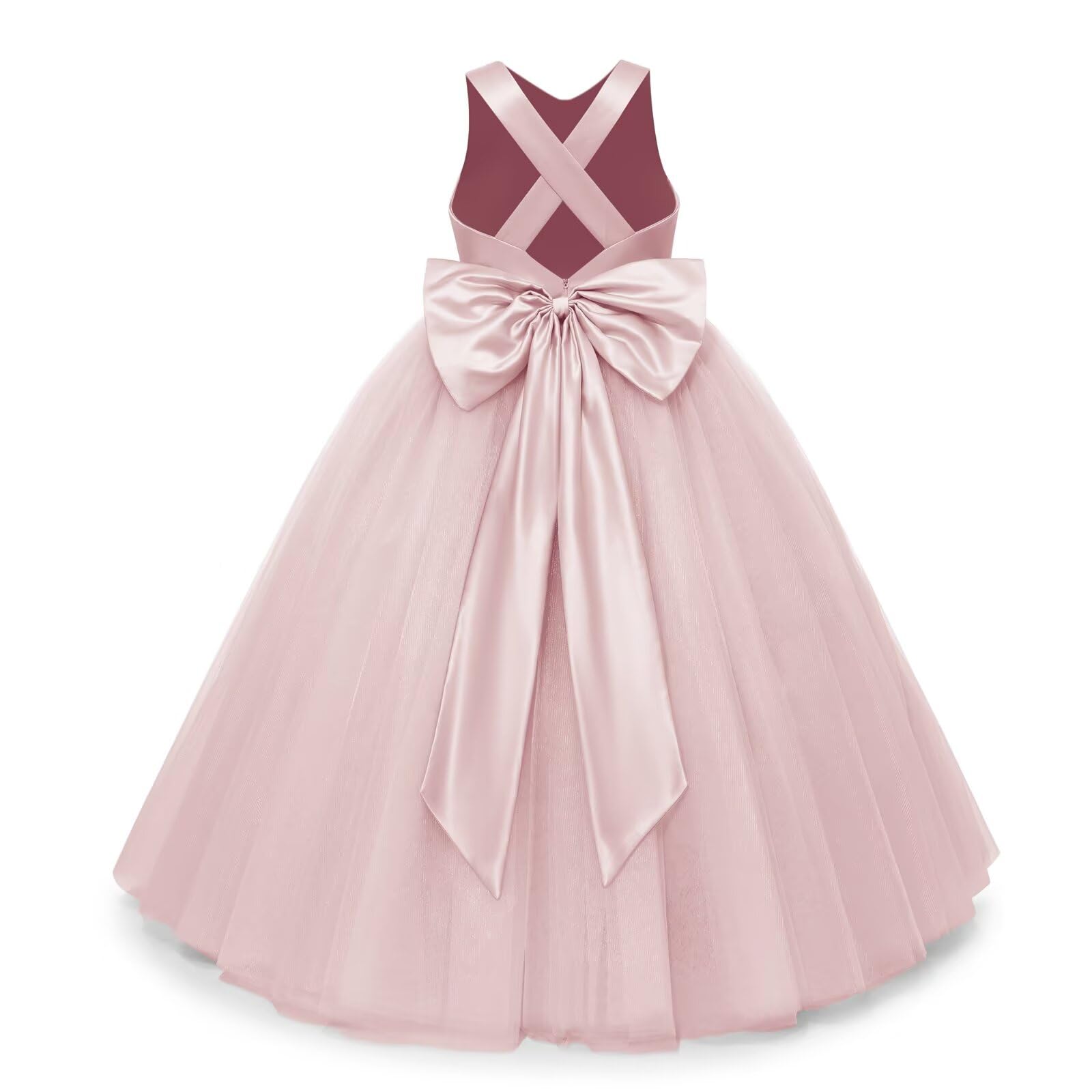 Photo 1 of JISISANG Pink Crossed Straps Flower Junior Girl Bridesmaid Dress for Wedding Teen Girls Satin Floor Length Pageant Tutu Tulle Dresses for Girls Tulle Formal Ball Gown with Bow-Knot Pink 12