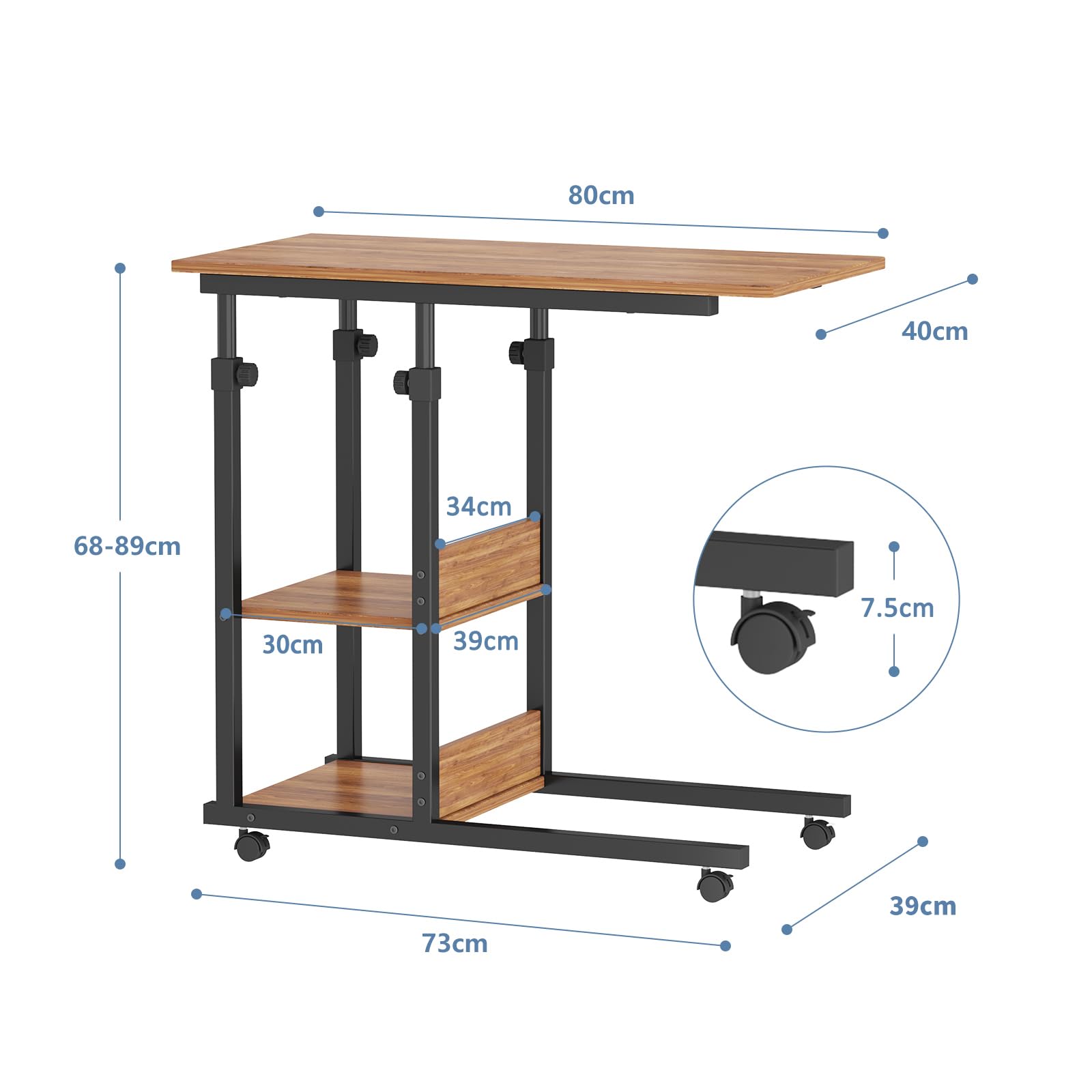 Dripex Beistelltisch mit Rollen Laptoptisch Höhenverstellbar Schreibtisch aus Holz, Sofatisch Nachttisch Kaffeetisch Schlafzimmer, Wohnzimmer Dunkelbraun 3