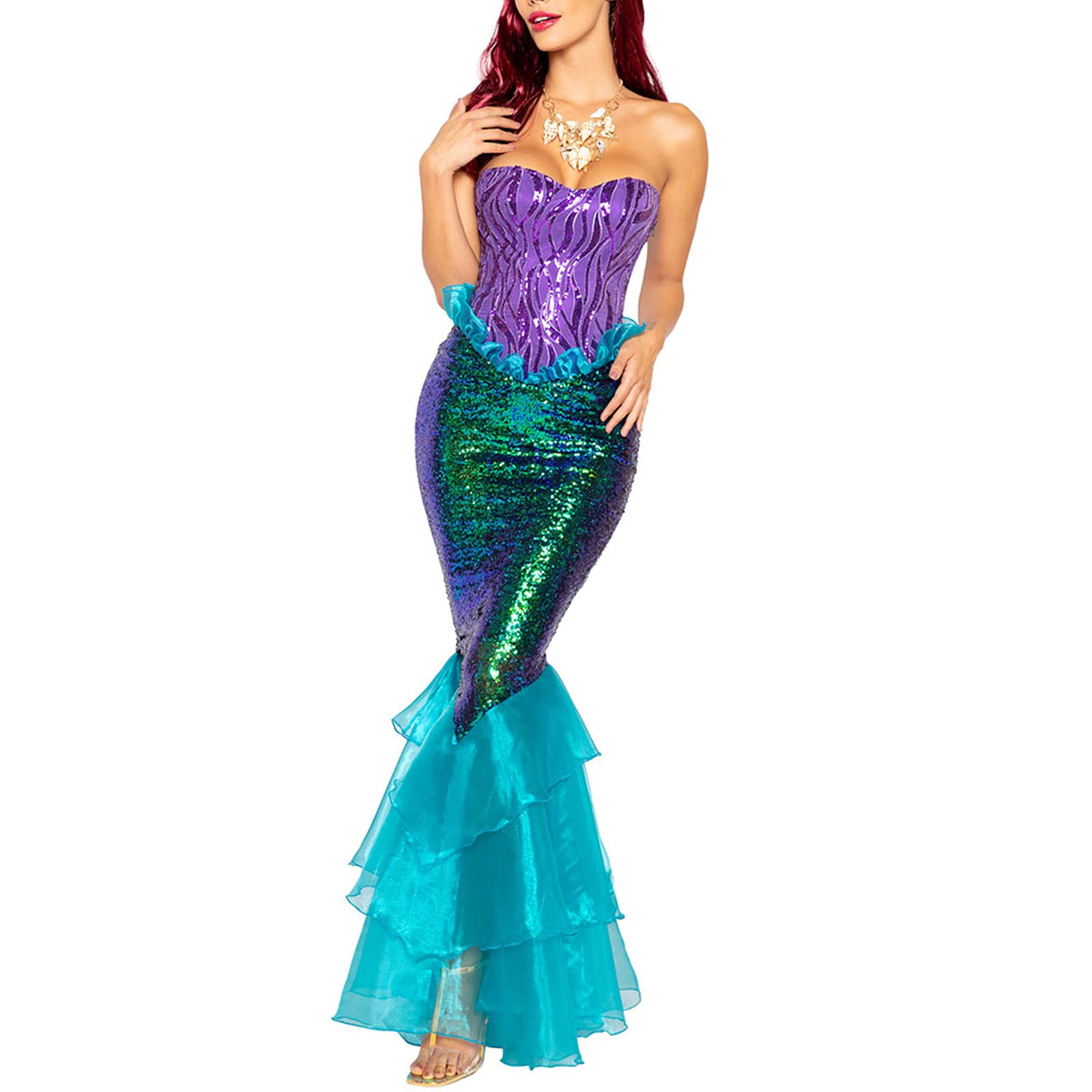 Women's Mermaid Ladies Ruffle Sequin Fairytale Book Fancy Long Tail Dress Womens Adults Costume Outfit (Blue, Small)
