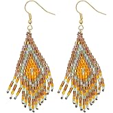 SHINUS BOHO Fall Long Native Gold Beaded Flower Fringe Dangle Earrings for Women, Large Bohemian Handmade Colorful Seed Beads Tassel Chandelier Drop Holiday Decorations