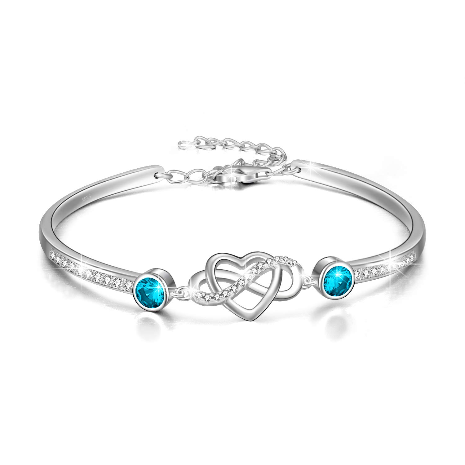 AOBOCO Infinity Bracelet Sterling Silver Love Heart Adjustable Bangle Bracelet with Birthstone Crystals, Friendship Wedding Anniversary Birthday Gifts for Her Women Wife Girlfriend Mum