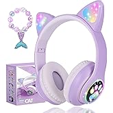 kuyaon Wireless Cat Ear Headphones for Kids, LED Light Up Kids Girls Bluetooth Headphones with Microphone for School/Travel/Sports/Gaming/Gifts/Christmas (Purple)