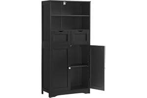 Iwell Tall Storage Cabinet, Black Storage Cabinet with 2 Drawers & Adjustable Shelves, Bathroom Cabinet for Living Room, Dining Room, Entryway, Black
