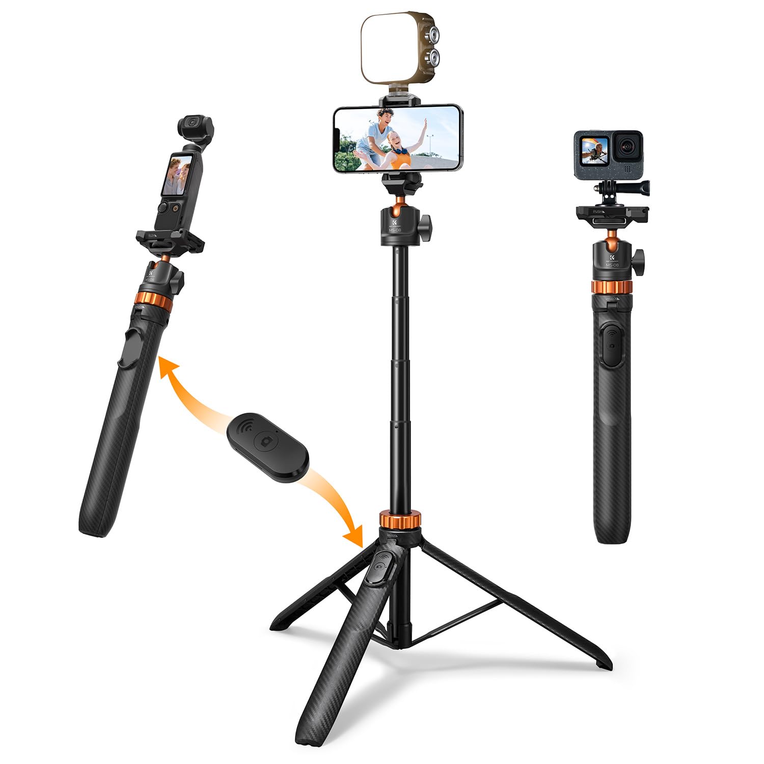 K&F CONCEPT 62''/158cm Selfie Stick Tripod with Detachable Remote Control, Compatible with GoPro Hero 13/12/11, iPhone 17/16/15, DJI Osmo Pocket 3/Action 5/360, Insta360 X5/X4, AKASO EK7000